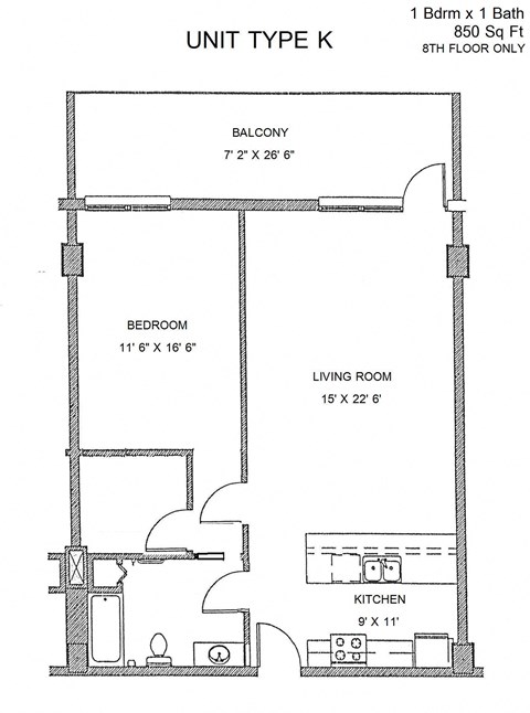 Floor plan for 1 bed, 1 bath, 850 sqft
